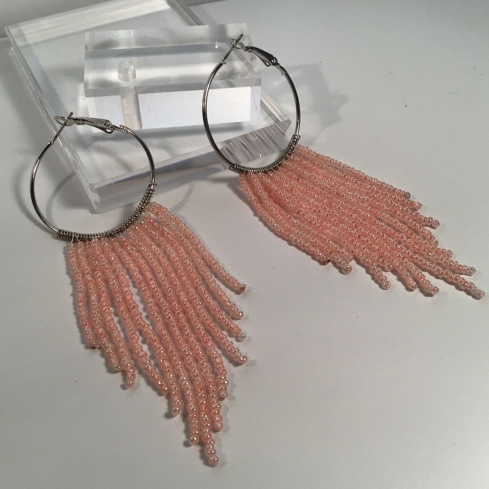 Earrings - Katheryn Kent - Silver Tone Hoops With Pink Seed Beads Fringe, 4”